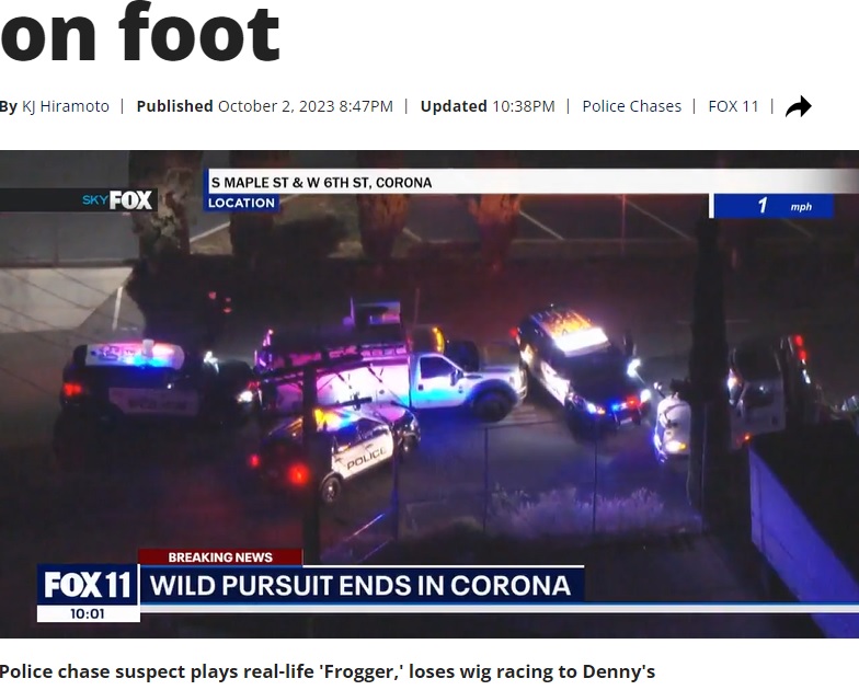 高速道路に近いコロナ市のオフィスの駐車場で警察車両3台に行く手を阻まれたトラック。誰もが「これで捕まるだろう」と思ったが…（画像は『FOX 11 Los Angeles　2023年10月2日付「Wrong-way driver ditches car, plays real-life ‘Frogger’ across 91 Freeway, races towards Denny’s on foot」』のスクリーンショット）