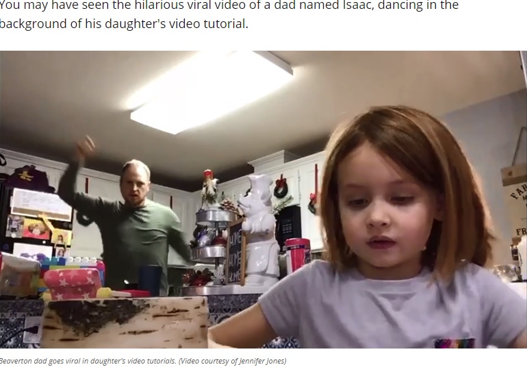 米オレゴン州に住む3児の父は2020年、小学1年生の娘が学校に提出する動画とは知らず、ノッリノリでダンスを披露。その姿が世界中に拡散した（画像は『KATU ABC 2　2020年11月26日付「Beaverton dad goes viral after dancing in background of daughter’s video」（Video courtesy of Jennifer Jones）』のスクリーンショット）