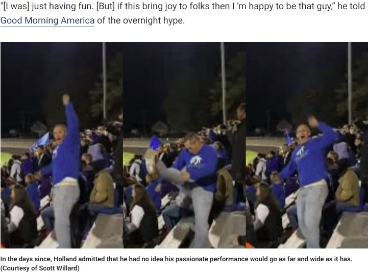 米バージニア州で2019年11月、アメリカンフットボールの試合会場で熱心に踊る男性。実はチアリーダーの娘と同じ振付けで踊り、会場を盛り上げていた（画像は『Fox News　2019年11月6日付「Virginia ‘cheer dad’ goes viral for football game performance: ‘This guy is legit’」（Courtesy of Scott Willard）』のスクリーンショット）