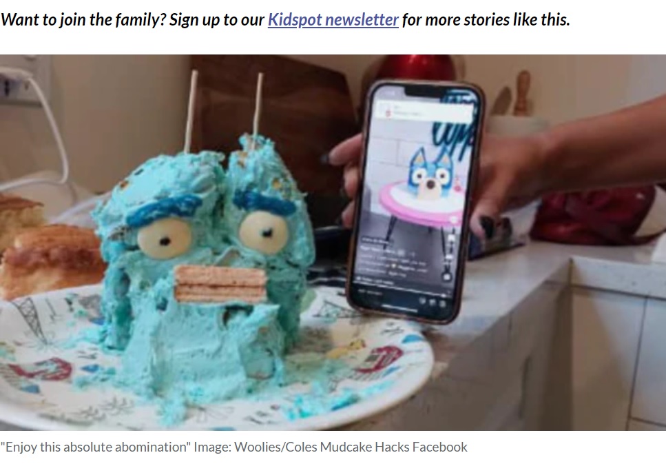 娘のために可愛い犬の誕生日ケーキを作ったはずの母親、仕上がりは“ドロドロのモンスター”になってしまった（画像は『Kidspot　2023年3月21日付「Is this the most epic Bluey cake fail ever? Mum’s Woolies cake hack goes wrong」（Image: Woolies/Coles Mudcake Hacks Facebook）』のスクリーンショット）