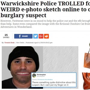 2018年に英ウォリックシャー州警察が公表したイーフィット画像。あまりにも大きな口に人々の爆笑を誘った（画像は『The Indian Express　2018年4月4日付「Warwickshire Police TROLLED for posting WEIRD e-photo sketch online to catch burglary suspect」（Source: Warkspolice/Twitter）』のスクリーンショット）