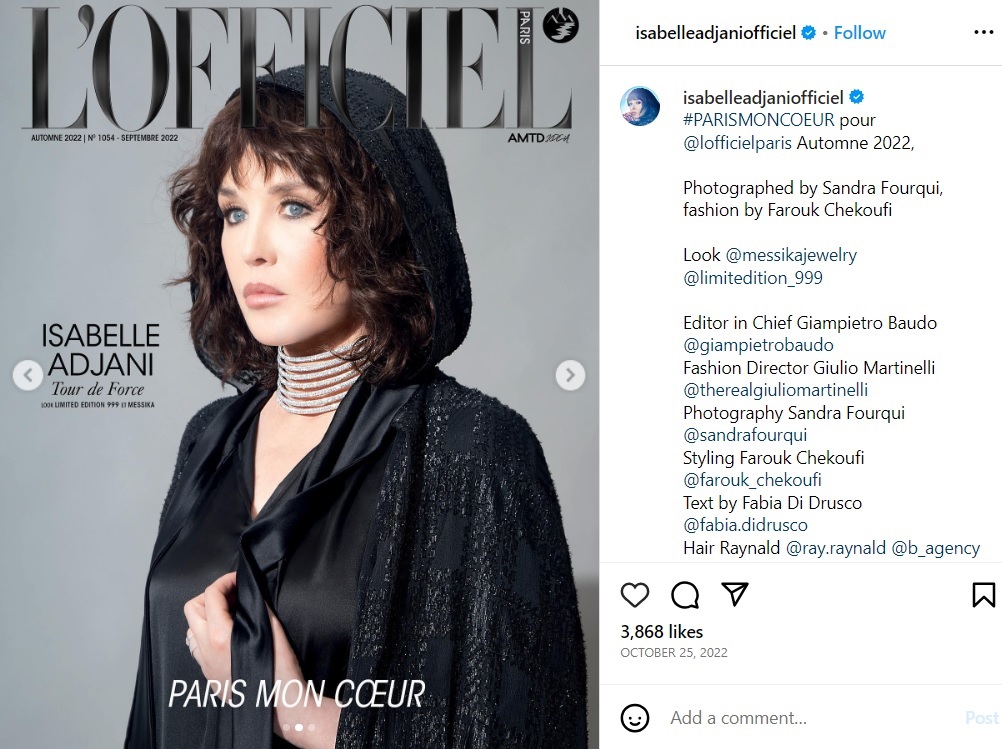 2022年、フランスのファッション雑誌『L’Officiel』の表紙を飾ったイザベル・アジャーニ（画像は『Isabelle Adjani　2022年10月25日付Instagram「＃PARISMONCOEUR pour ＠lofficielparis Automne 2022」』のスクリーンショット）