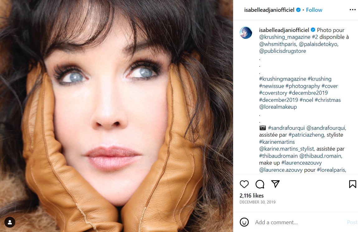 19日に行われた裁判は「急病」のために欠席したイザベル・アジャーニ（画像は『Isabelle Adjani　2019年12月30日付Instagram「Photo pour ＠krushing_magazine ＃2 disponible à ＠whsmithparis,」』のスクリーンショット）