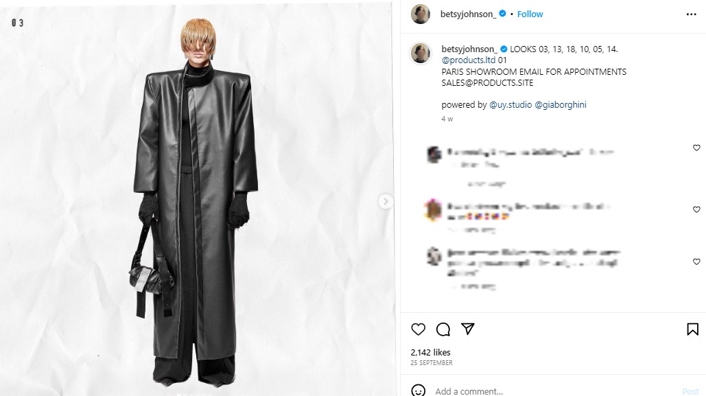 ベッツィさんのレーベル「Products」が発表したコレクション。カイリーのブランドと同様に、フェイクレザーのコートも展開している（画像は『Betsy Johnson　2023年9月25日付Instagram「LOOKS 03, 13, 18, 10, 05, 14.」』のスクリーンショット）