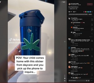 2023年4月、カナダ在住の母親は息子の水筒を見て「“大麻”のシール」と勘違いしていた（画像は『thebusiesttoddler　2023年4月27日付TikTok「＃oops」』のスクリーンショット）