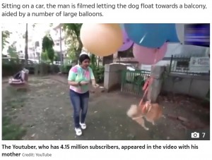 インドのユーチューバーは2021年5月、愛犬のポメラニアンに複数の風船を括りつけて空へ飛ばしたことで、動物虐待で逮捕されていた（画像は『The Sun　2021年5月27日付「RUFF RIDE Indian YouTuber arrested for tying balloons to pet dog to make it fly for cruel video stunt」（Credit: YouTube）』のスクリーンショット）