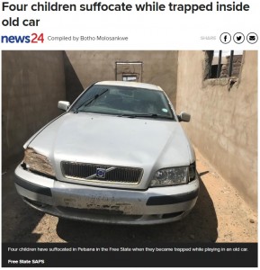 南アフリカで2020年10月、2歳児と3歳児2人、4歳児が車の中で窒息死した。4人は使われていない車の中で遊び、ドアを開けることができなかったという（画像は『News24　2022年10月27日付「Four children suffocate while trapped inside old car」（Free State SAPS）』のスクリーンショット）