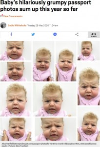 2020年にはイギリスでどのパスポート写真を見ても、眉間にしわを寄せている赤ちゃんが話題に（画像は『Metro　2020年5月26日付「Baby’s hilariously grumpy passport photos sum up this year so far」（Picture: Alice Tranfield）』のスクリーンショット）