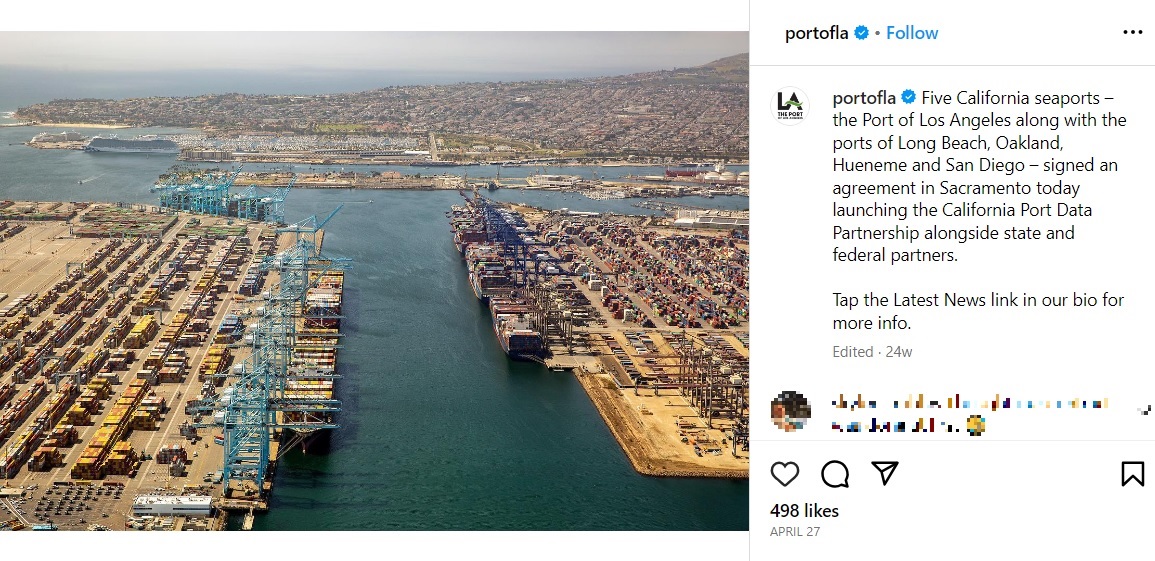 北米最大のコンテナ港であるロサンゼルス港の奥に見える陸地が、身元不明の男性が発見されたサンペドロ市。現場に近いことから、日本から来た船員ではないかという声もあがった（画像は『Port of Los Angeles　2023年4月26日付Instagram「Five California seaports」』のスクリーンショット）