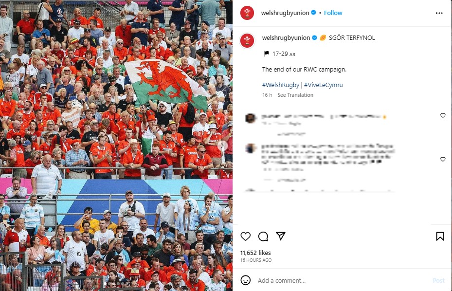 「赤い竜」が描かれた国旗を掲げ、ウェールズ代表を応援するサポーター達。アルゼンチンに敗れ、2大会連続のベスト4進出は果たせなかった（画像は『WelshRugbyUnion　2023年10月14日付Instagram「SGÔR TERFYNOL」』のスクリーンショット）