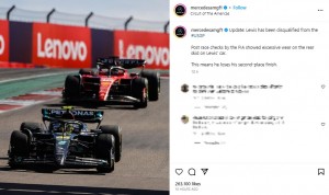 F1アメリカ・グランプリ決勝戦でレース中のルイス・ハミルトン。失格となり、表彰台に上ることはできなかった（画像は『Mercedes-AMG PETRONAS F1 Team　2023年10月22日付Instagram「Update: Lewis has been disqualified from the ＃USGP」』のスクリーンショット）