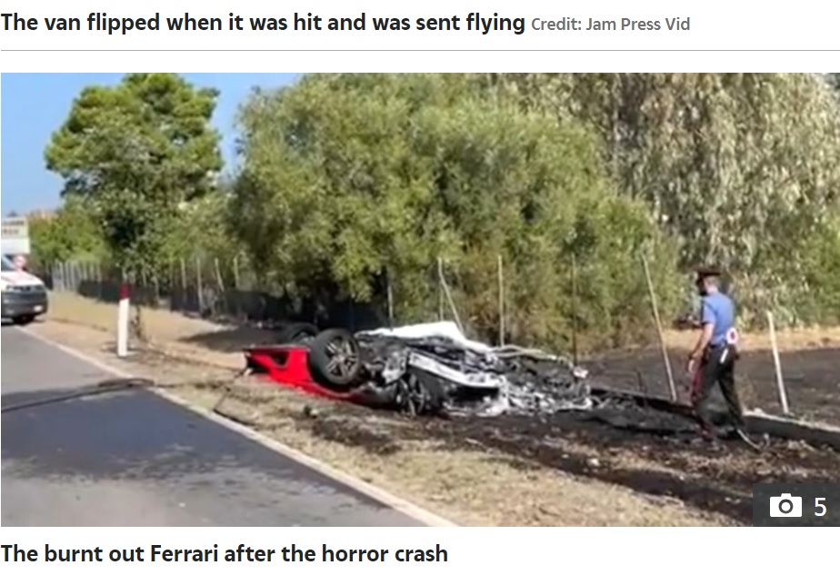 フェラーリ・ポルトフィーノMは180度回転して炎上し、スイス出身のマルクスさん（67）とメリッサ・クラウトリさん（63）夫妻は車内に閉じ込められて焼死した（画像は『The Sun　2023年10月3日付「SUPERCAR HORROR Two burn to death in supercar tour crash as Ferrari and Lamborghini smash into camper van during overtake」（Credit: Jam Press Vid）』のスクリーンショット）