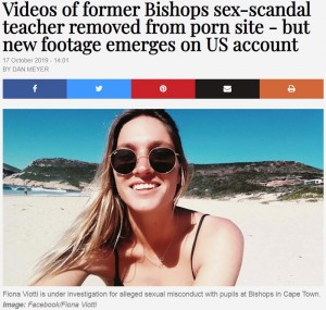南アフリカの私立男子校で2019年、18歳生徒との性的関係が発覚した30歳の女性教師。他に少なくとも3人の生徒と関係があったという（画像は『TimesLIVE　2019年10月17日付「Videos of former Bishops sex-scandal teacher removed from porn site – but new footage emerges on US account」（Image: Facebook/Fiona Viotti）』のスクリーンショット）