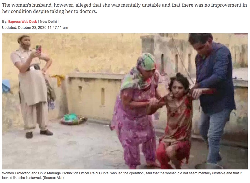 インドで2020年10月に救助された女性。夫によって監禁され、1年半もの間、狭いトイレの中に閉じ込められていた（画像は『The Indian Express　2020年10月23日付「Woman locked inside toilet for over a year by husband rescued in Haryana」（Source: ANI）』のスクリーンショット）