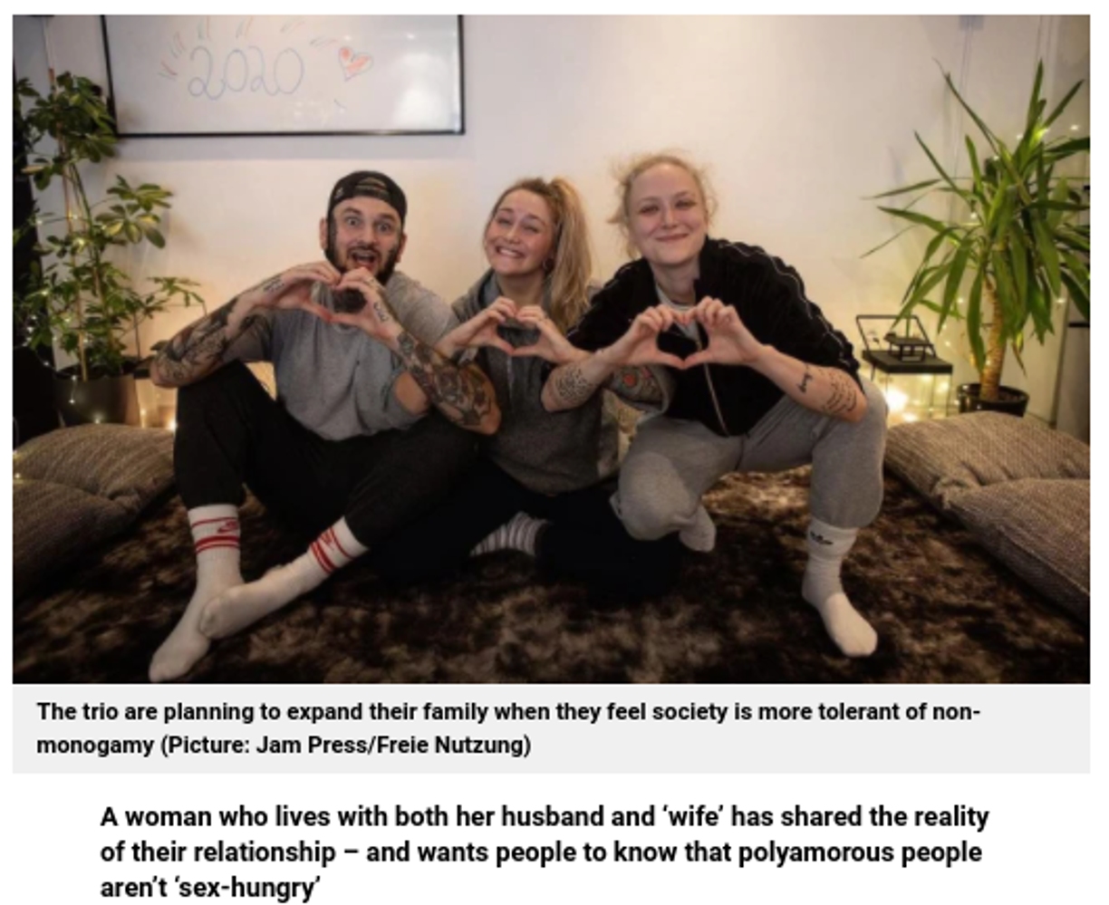 独ハンブルク在住の女性（中央）は2016年に結婚した夫がいるが、2019年にある女性と恋に落ち、3人での結婚生活をスタートさせていた（画像は『Metro　2021年10月2日付「Married couple become throuple after wife falls in love with her gym buddy」（Picture: Jam Press/Freie Nutzung）』のスクリーンショット）