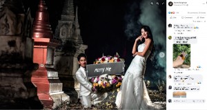 タイで2022年1月、墓地や火葬場などで葬儀に見立てた“結婚式の前撮り写真”を撮影したカップル。「罰当たりだ」と非難の声が続出していた（画像は『Nonts Kongchaw　2022年1月6日付Facebook「Pre Wedding – Love Beyond Death」』のスクリーンショット）