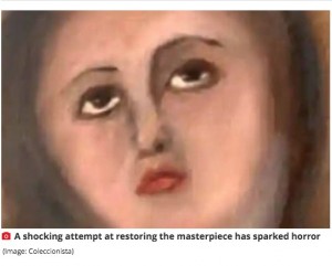 スペインで17世紀の聖母マリアの名画が、2020年の修復でまるで別人のようになっていた（画像は『Mirror　2020年6月23日付「Horror as ‘bodgers’ ruin historic painting of Virgin Mary during ‘restoration’」（Image: Coleccionista）』のスクリーンショット）