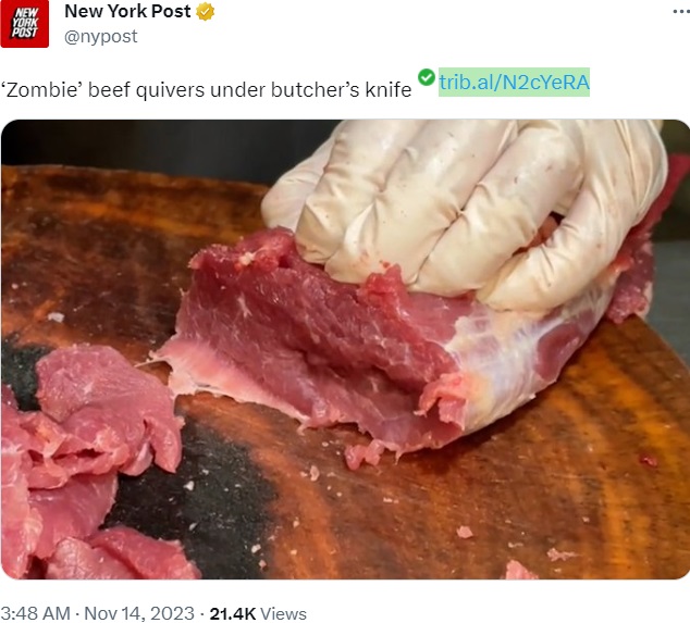 新鮮な牛肉がゾンビ化？　中国広東省の精肉店で今月9日、肉切り包丁を入れた途端、プルプルと動き出す牛肉が動画に収められた（画像は『New York Post　2023年11月14日付X「‘Zombie’ beef quivers under butcher’s knife」』のスクリーンショット）