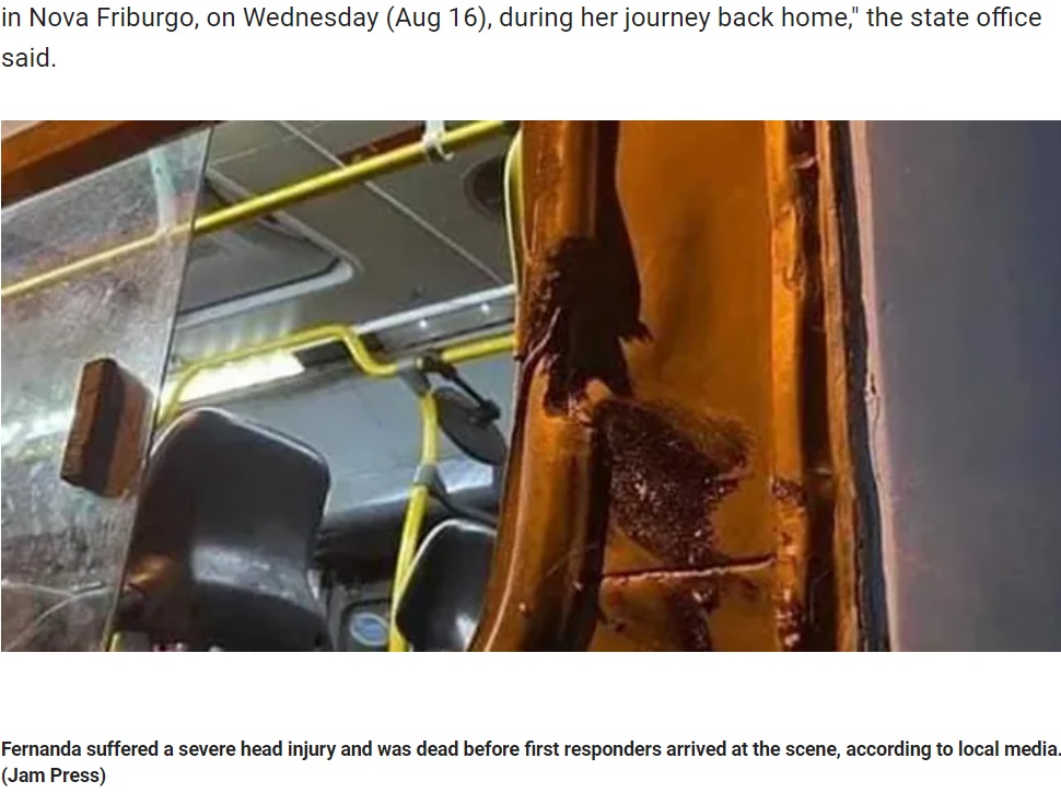 ブラジルのリオデジャネイロ州で今年8月、スクールバスに乗っていた13歳少女（13）が死亡した。少女は走行中のバスの窓から頭を出し、クラスメートに手を振っていた（画像は『Fox News　2023年8月22日付「Student, 13, dies on school bus after sticking head out window, colliding with pole」（Jam Press）』のスクリーンショット）