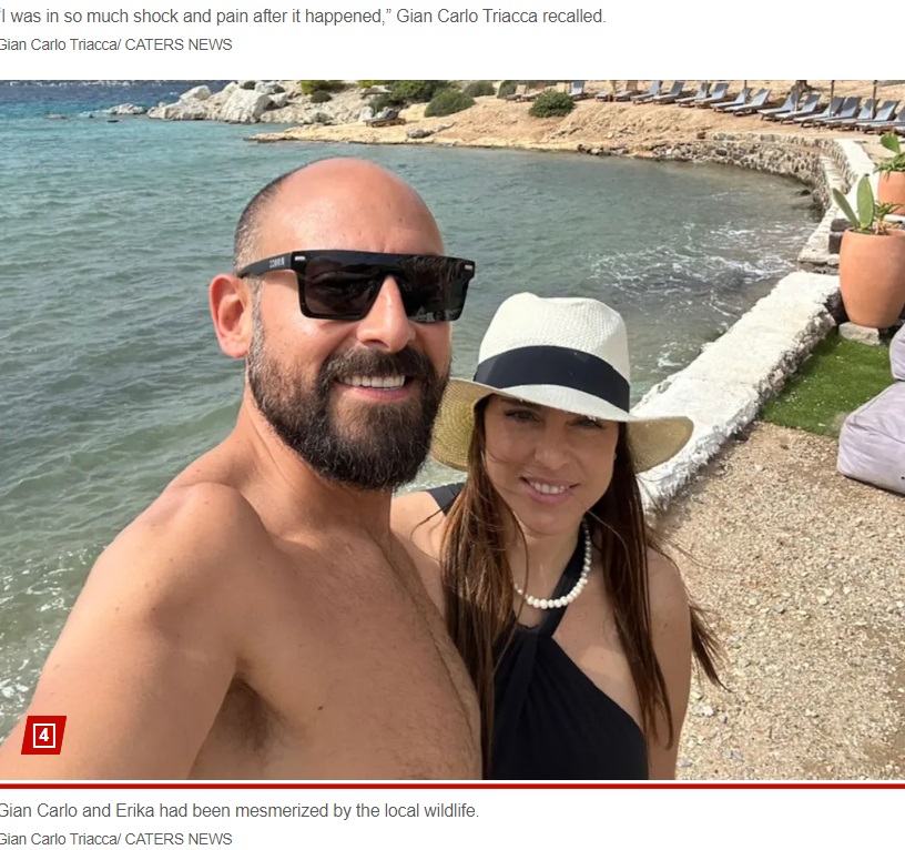 メキシコから休暇でギリシャを訪れていたジアンさんと妻エリカさん。この旅行で雄ジカに襲われケガをするとは思いも寄らなかっただろう（画像は『New York Post　2023年11月3日付「I tried to take a selfie with a deer in the wild — I ended up with multiple broken ribs」（Gian Carlo Triacca/ CATERS NEWS）』のスクリーンショット）