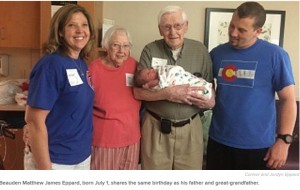 2017年にはアメリカである家族が親子4世代のうち3世代が同じ誕生日になった。その確率は33,000分の1だという（画像は『Today　2017年7月21日付「Parents shocked after baby born on same day as his dad - and his great-grandpa」（Connor and Jordyn Eppard）』のスクリーンショット）