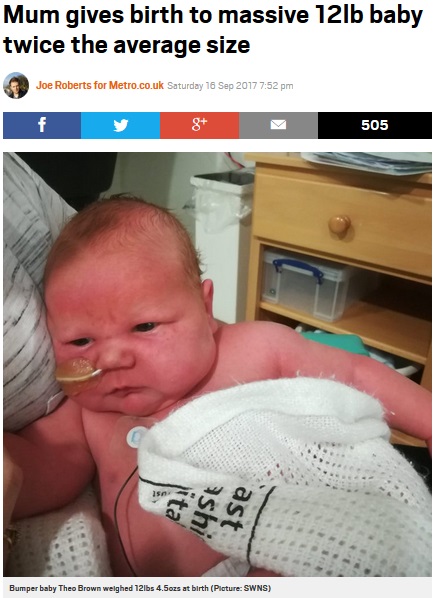 英ランカシャー州で2017年9月、5570グラムで誕生した赤ちゃん。自然分娩での出産後、母親は「ヘトヘトになった」と話していた（画像は『Metro　2017年9月16日付「Mum gives birth to massive 12lb baby twice the average size」（Picture: SWNS）』のスクリーンショット）