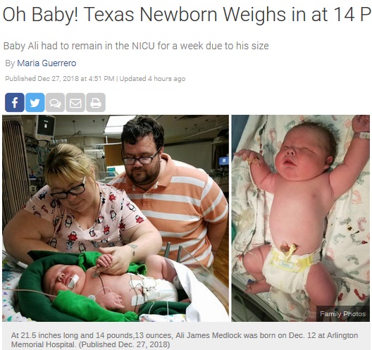 米テキサス州で2018年12月、6719グラムで誕生した赤ちゃん。病院の新生児体重記録を大きく更新していた（画像は『NBC 7 San Diego　2018年12月27日付「Oh Baby! Texas Newborn Weighs in at 14 Pounds, 13 Ounces」（Family Photos）』のスクリーンショット）