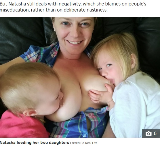 2020年、アイルランドの女性が4歳次女に授乳する姿が伝えられた。女性は「長女も5歳まで続けた。娘の気が済むまで与えるつもり」と語っていた（画像は『The Sun　2020年7月6日付「TWO ABREAST I tandem breastfed my kids and still feed my four-year-old – I’ll only stop when she asks to」（Credit: PA Real Life）』のスクリーンショット）