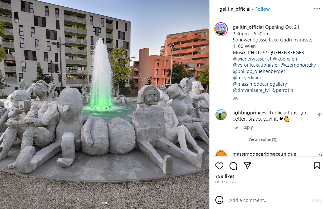 芸術の都ウィーンで現地時間10月24日に除幕式が行われた噴水が「世界一醜い」と批判され、1週間も経たないうちに落書きされてしまった（画像は『Gelatin　2023年10月23日付Instagram「Opening Oct 24,」』のスクリーンショット）