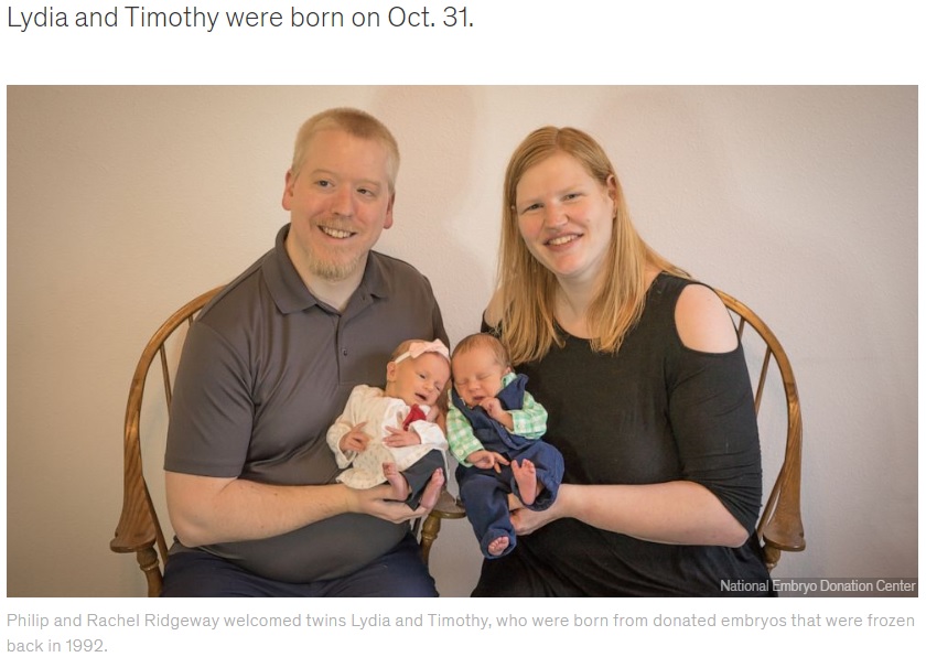 2022年10月、双子の赤ちゃんが誕生した米オレゴン州在住の夫婦。2人が使ったのは1992年に凍結された胚だった（画像は『Good Morning America　2022年11月22日付「Couple welcome twins from embryos frozen 30 years ago」（National Embryo Donation Center）』のスクリーンショット）
