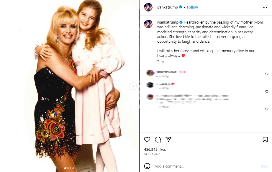 母親イヴァナさんと寄り添う、幼い頃のイヴァンカ。イヴァナさんは2022年に73歳でこの世を去った（画像は『Ivanka Trump　2022年7月14日付Instagram「Heartbroken by the passing of my mother.」』のスクリーンショット）