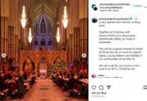 クリスマス礼拝では、毎回英国各地から国民が招待される。昨年は故エリザベス女王を偲び、コミュニティで貢献をした人々が招かれた（画像は『The Prince and Princess of Wales　2023年11月18日付Instagram「A very special Carol Service, coming soon.」』のスクリーンショット）