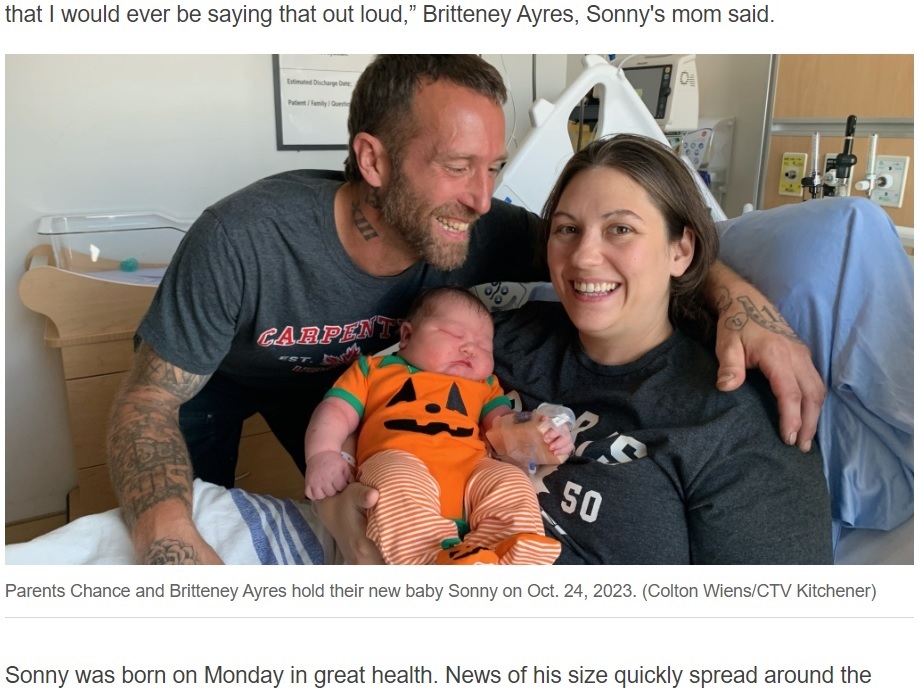 10月23日、カナダの「ケンブリッジ・メモリアル病院」で誕生した6577グラムという大きな男の子。夫妻は喜びの笑顔を見せた（画像は『CTV News Kitchener　2023年10月25日付「‘The shock when the baby came out’: Cambridge, Ont. OB-GYN describes delivering record-breaking infant」（Colton Wiens/CTV Kitchener）』のスクリーンショット）