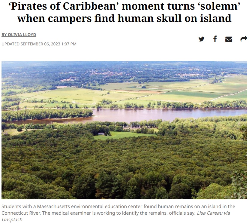 今年8月、米マサチューセッツ州の島で環境実地調査プログラムに参加していた7歳の少年が人間の頭蓋骨を発見。当初は雄鹿の骨だと思われていた（画像は『Miami Herald　2023年9月6日付「‘Pirates of Caribbean’ moment turns ‘solemn’ when campers find human skull on island」（Lisa Careau via Unsplash）』のスクリーンショット）