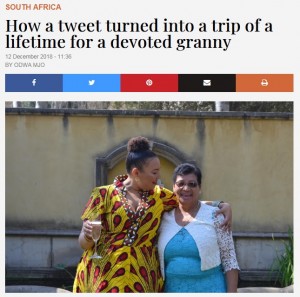 孫の卒業式の晴れ姿を見るため、節約を続けてきた南アフリカ在住の祖母。2018年に現状が伝えられると、航空会社やホテルから続々と温かいオファーが届いていた（画像は『TimesLIVE　2018年12月12日付「How a tweet turned into a trip of a lifetime for a devoted granny」』のスクリーンショット）