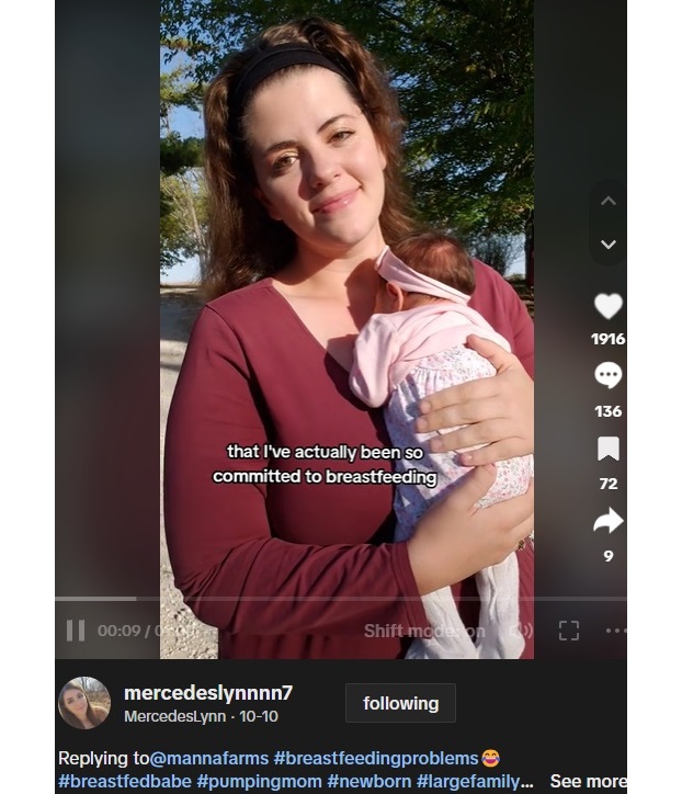 今年9月、帝王切開で8人目の赤ちゃんを産んだ30歳の女性。大家族を持つことは幼い頃からの夢だったという（画像は『MercedesLynn　2023年10月10日付TikTok「Replying to ＠mannafarms」』のスクリーンショット）