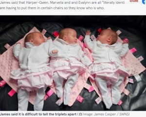 英ノース・ヨークシャー州で今年3月、自然妊娠で三つ子が誕生。しかもその確率は2億分の1という一卵性の三つ子だった（画像は『Metro　2023年5月14日付「‘It’s surreal’: Couple beat one in 200 million odds by having identical triplets」（Picture: James Casper / SWNS）』のスクリーンショット）