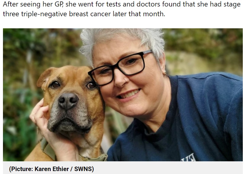 英グロスターシャー州在住の女性は2020年、飼っている愛犬が頭や鼻を胸にぶつけたりし始め、診察を受けたところステージ3の乳がんであることが明らかになった（画像は『Metro　2021年11月23日付「Woman says three-legged rescue dog ‘saved her’ back by finding aggressive cancer」（Picture: Karen Ethier / SWNS）』のスクリーンショット）
