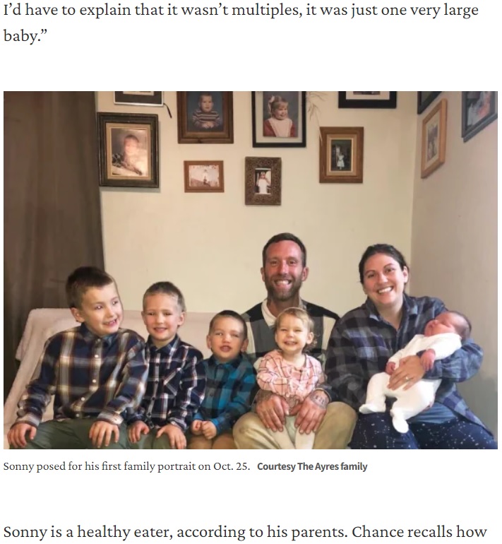 エアーズさん夫妻の5人の子どもは、皆4000グラム以上で誕生したという（画像は『TODAY　2023年10月28日付「This baby who weighs nearly 15 pounds just set a hospital record」（Courtesy The Ayres family）』のスクリーンショット）