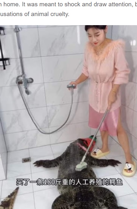 浴室でワニの表面を長いブラシを使って洗うシャオ・ヒーさん。ワニは頭に布を巻かれ、すでに死んでいるようだ（画像は『Oddity Central　2023年11月6日付「Food Vlogger Sparks Outrage by Skinning, Gutting and Cooking Alligator for Views」』のスクリーンショット）