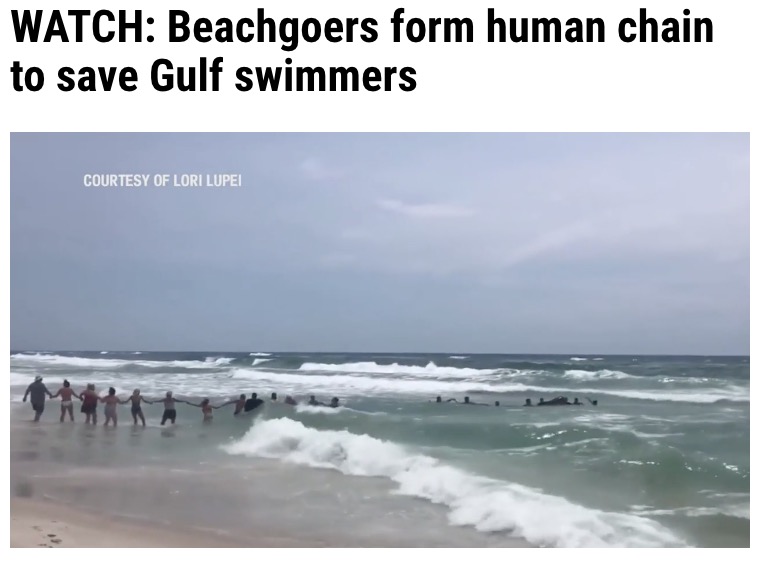 米フロリダ州のパナマ・シティ・ビーチで2021年4月、10歳ほどと見られる少女が沖合に流された。騒ぎに気づいた海水浴客が手と手を繋ぎ“人間の鎖”を作って救助に参加し、少女は無事に岸に引き上げられていた（画像は『WGNTV.com　2021年4月15日付「WATCH: Beachgoers form human chain to save Gulf swimmers」』のスクリーンショット）