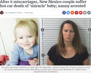 米ニューメキシコ州で2019年9月、ベビーシッターの女（右）の不注意により車内に置き去りにされた2歳女児（左）が死亡。女は女児が車に乗っていることを忘れてそのまま職場に直行した（画像は『TheBL.com　2019年9月24日付「After 6 miscarriages, New Mexico couple suffer hot car death of ‘miracle’ baby; nanny arrested」（Zachary Ali Hasheme（L）/ Hobbs Police Department（R）/ Facebook）』のスクリーンショット）