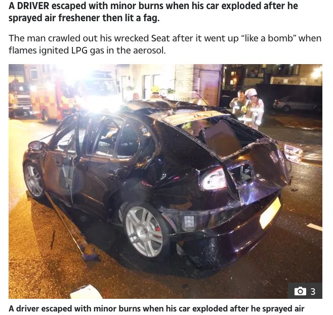 英ウェストヨークシャー州の賑やかな街中で2019年12月、黒の乗用車が突然爆発。芳香剤をスプレーした後の車内でタバコに火をつけたことが原因だった（画像は『The Sun　2019年12月16日付「UP IN SMOKE Car explodes when driver lights cigarette minutes after spraying air freshener」（Credit: PA:Press Association）』のスクリーンショット）
