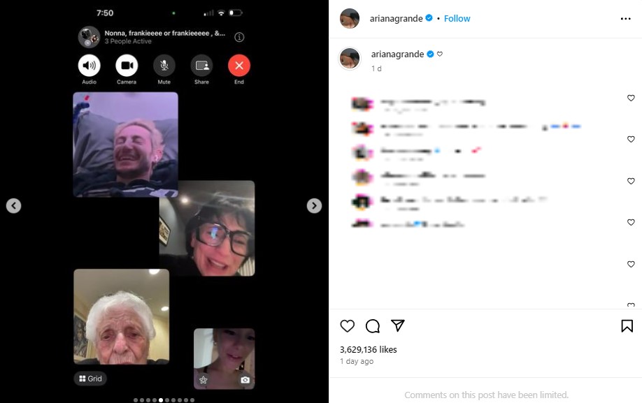 家族とFaceTimeで会話する姿を披露したアリアナ。家族が大きな笑顔を見せ、楽しいひと時を過ごしている（画像は『Ariana Grande　2023年12月22日付Instagram』のスクリーンショット）