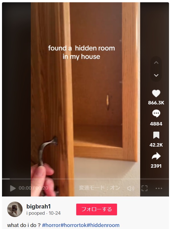 自宅の地下にある浴室のキャビネットの奥に、隠し扉があることに気付いた住人。そこを開けてみると…（画像は『bigbrah1　2023年10月23日付TikTok「what do i do ?」』のスクリーンショット）
