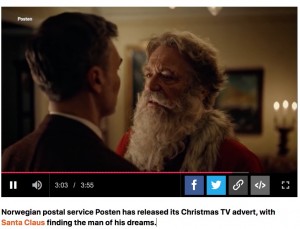 ノルウェーの郵便局が2021年、YouTubeに公開したクリスマス向けのコマーシャルが物議を醸す。サンタクロースとある男性の恋を描いたもので、「子供たちが大きく混乱する」といった声もあがっていた（画像は『Metro　2021年11月24日付「Santa Claus bags himself a boyfriend in the most sensational Christmas TV advert of the year - prepare to weep」（Picture: Posten）』のスクリーンショット）