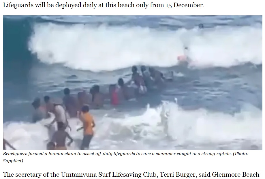 海水浴客らおよそ50人が手をつないで「人間の鎖」を作り、青年を海から引き上げるのを手伝った（画像は『Daily Maverick　2023年12月3日付「Port Edward beachgoers form human chain to help save man caught in riptide」（Photo: Supplied）』のスクリーンショット）