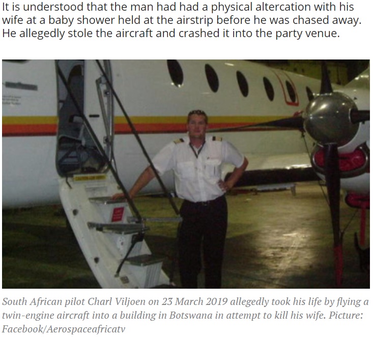 南アフリカ国籍のパイロットが2019年3月、クラブハウスにいる妻を殺害しようと軽飛行機でその建物に突っ込む。クラブハウスにいた人々は避難して無事だったが、パイロットは死亡した（画像は『EWN　2019年3月25日付「MAN WHO TRIED TO KILL WIFE WITH PLANE IN BOTSWANA IDENTIFIED AS SOUTH AFRICAN」（Picture: Facebook/Aerospaceafricatv）』のスクリーンショット）