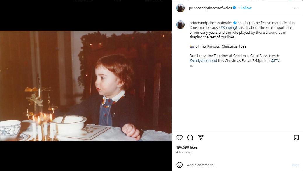 キャサリン皇太子妃が公開した、幼い頃の秘蔵写真。フォロワーからは「ルイ王子にそっくり！」とのコメントで溢れ返った（画像は『The Prince and Princess of Wales　2023年12月18日付Instagram「Sharing some festive memories this Christmas」』のスクリーンショット）