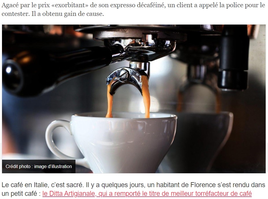 イタリアのフィレンツェにあるカフェで2022年5月、客が警察に「コーヒーの値段が高すぎる」通報。オーナーにおよそ13万円の罰金が科されていた（画像は『L’Union　2022年5月23日付「Italie : un habitant de Florence estime que son café est ≪trop cher≫ et appelle la police」（Crédit photo : image d’illustration）』のスクリーンショット）